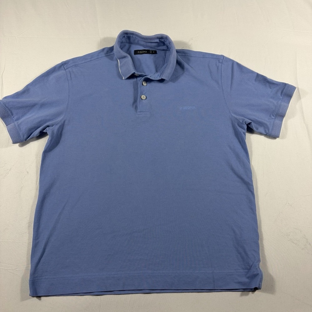 Z Zegna Polo Shirt Mens M Blue Preppy Cotton Short Sleeve Solid Italy